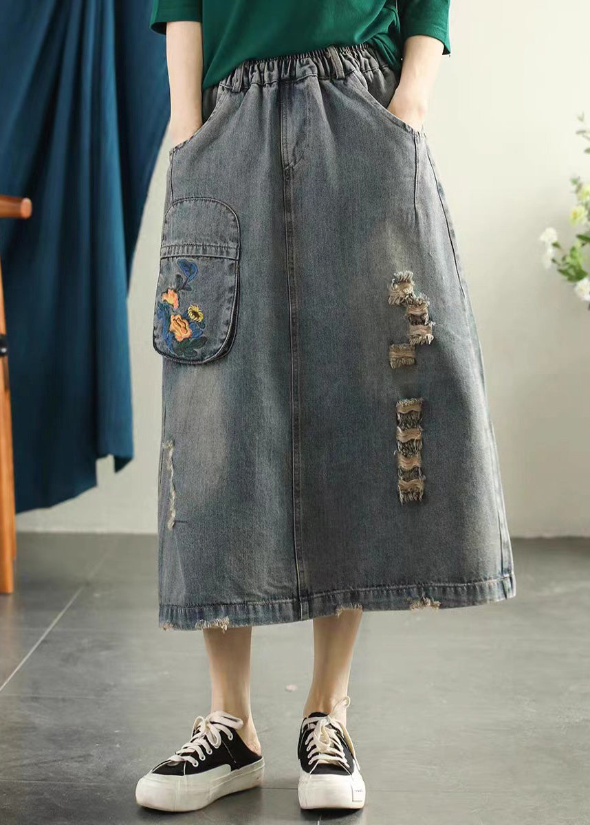 Light Blue Embroideried Patchwork Cotton Long Skirt Summer