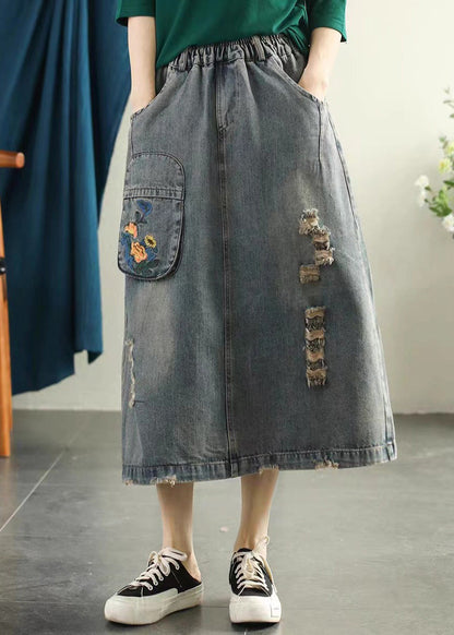 Light Blue Embroideried Patchwork Cotton Long Skirt Summer