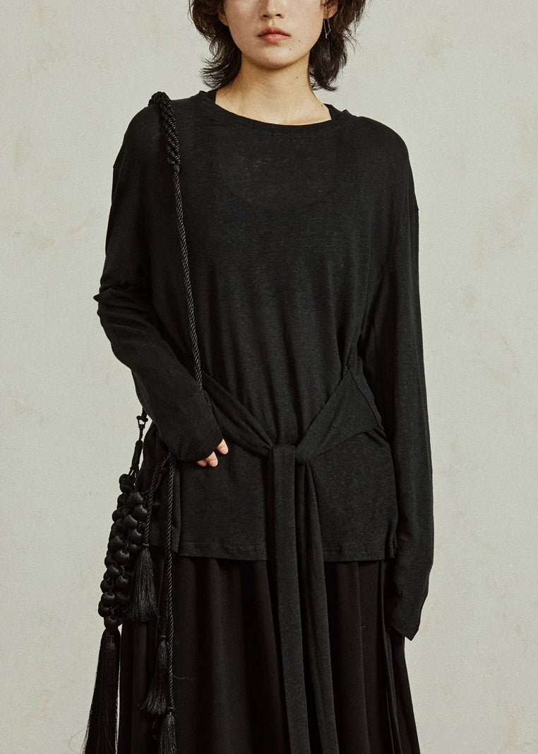 Black O-neck Tie Waist Tops Fall