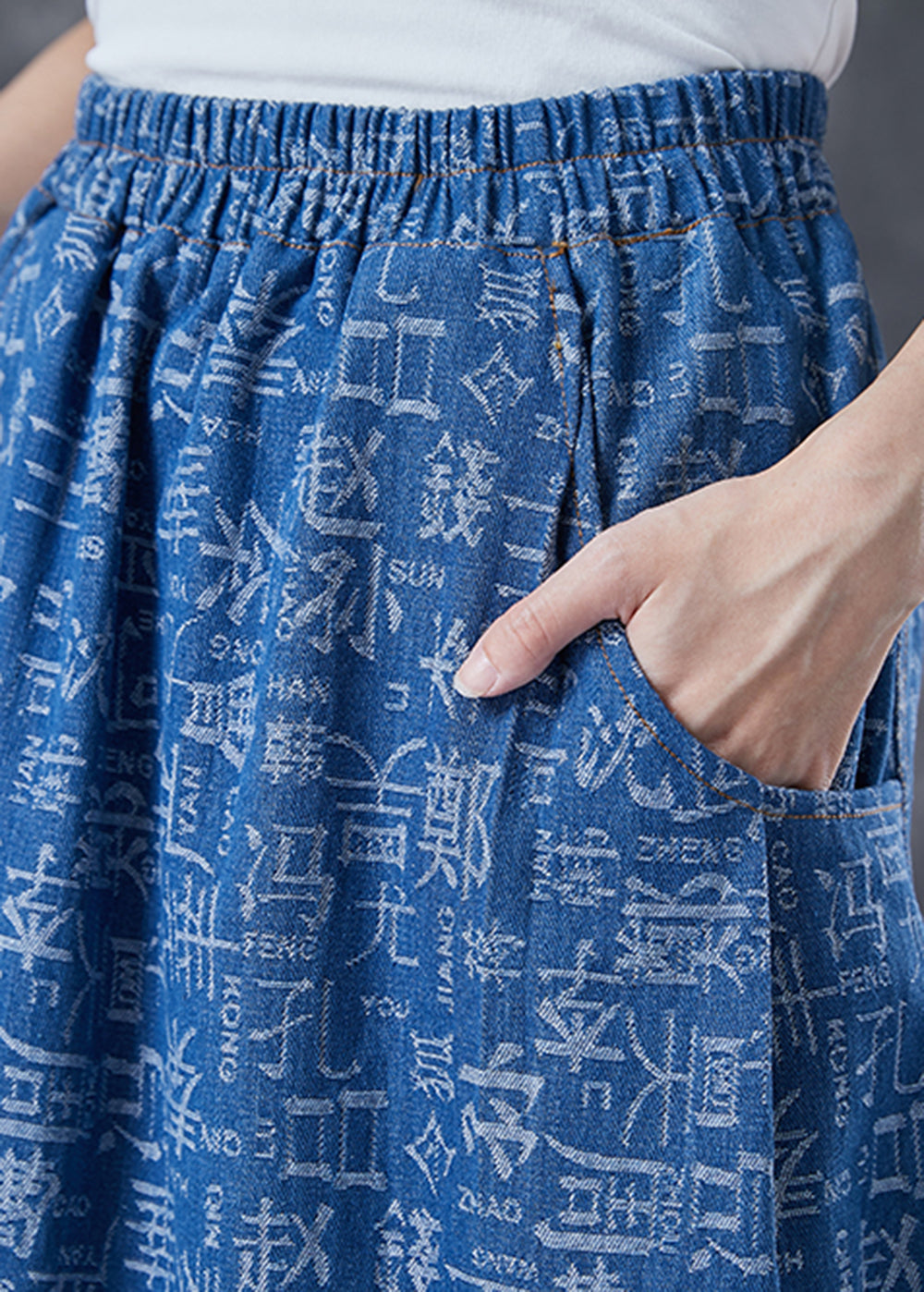 Blue Elastic Waist Print Denim Skirts Summer