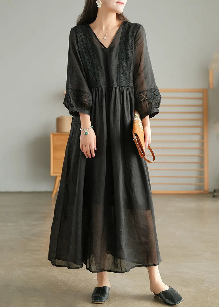 White Wrinkled Embroidered Patchwork Linen Holiday Dress Lantern Sleeve