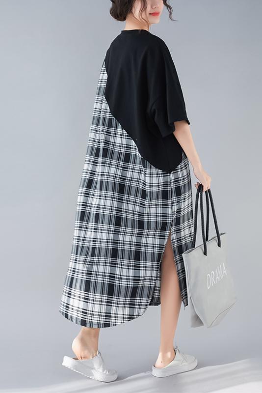 Diy Black Plaid Cotton Quilting Clothes Work O Neck Patchwork Long Summer Dresses