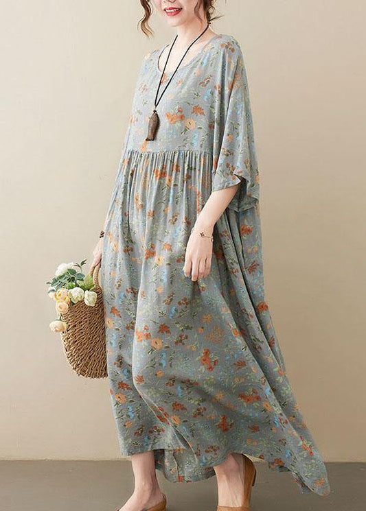 Grey O-neck Patchwork Print Half Sleeve Summer Long Dress