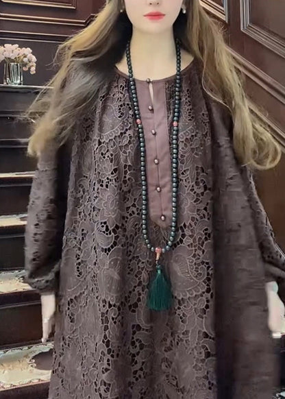 Coffee O-neck Hollow Out Lace Maxi Dress Long Sleeve