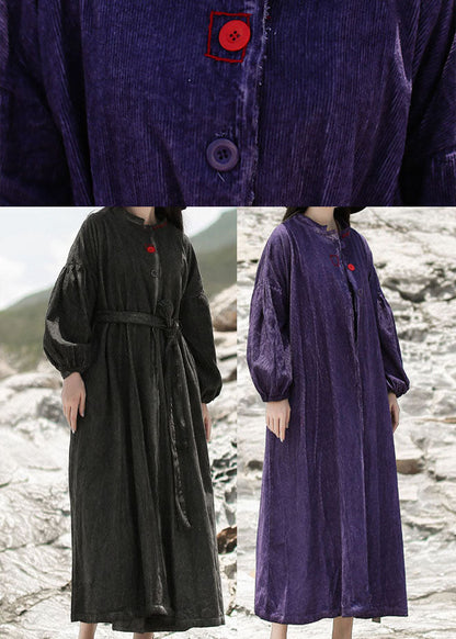 Purple Embroideried Pockets Corduroy Dress