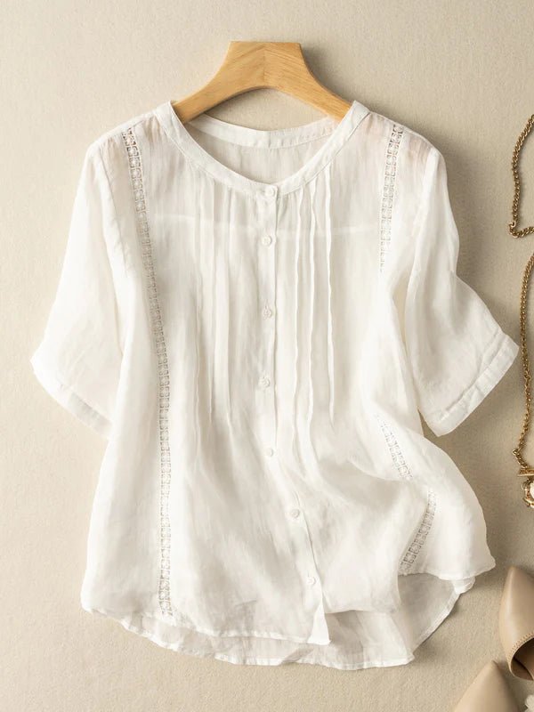 Pure Color Round Neck Short Sleeve Linen Top