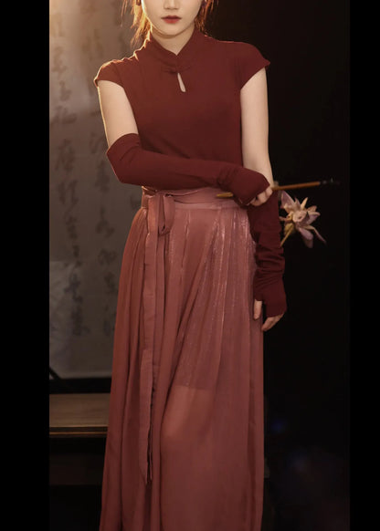 Red Stand Collar Button Top and Maxi Skirts Two Piece Set Spring