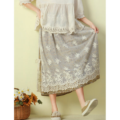 Cozy Linen Retro Embroidery Lace Mesh Skirt