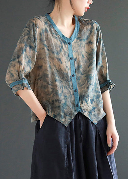 Grey Print Button Ramie Tops Half Sleeve