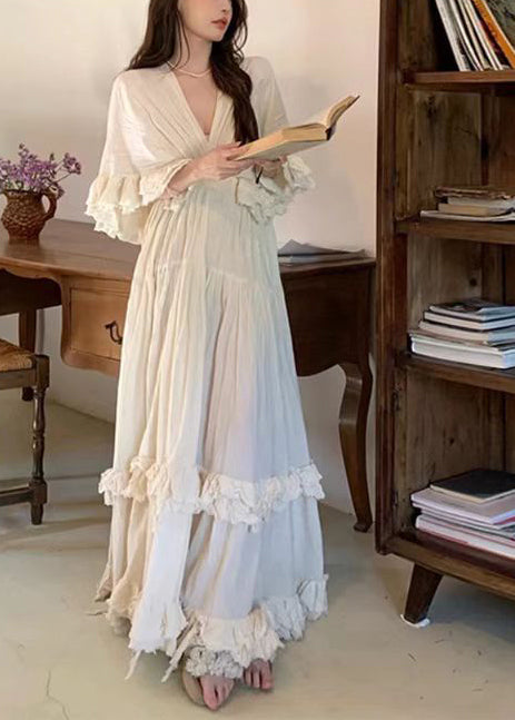 White Exra Large Hem Cotton Dresses Cloak Sleeves