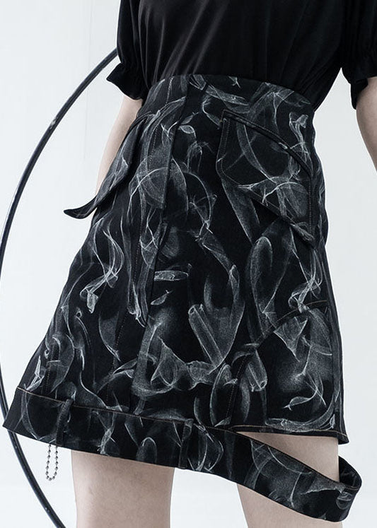 Style Black High Waist Hollow Out Print Cotton Denim a Line Skirts Summer