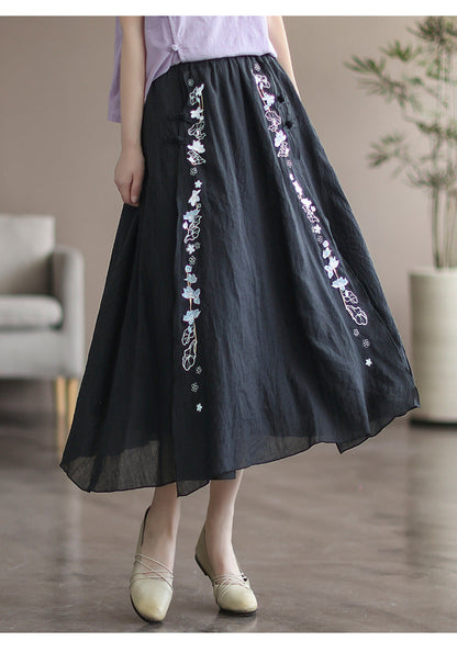 Double Cotton Linen Embroidered Buckle A-line Skirt