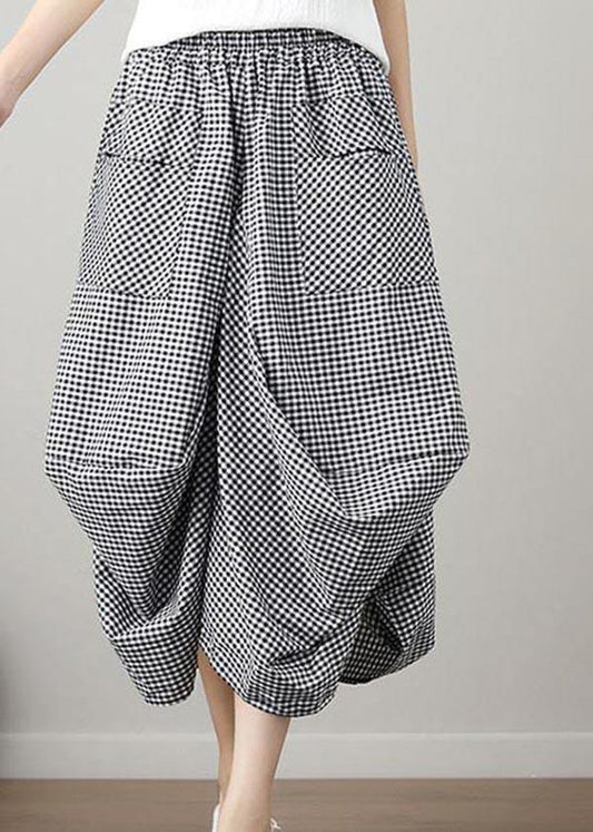 Black Plaid Cotton Linen Lantern Skirts Summer