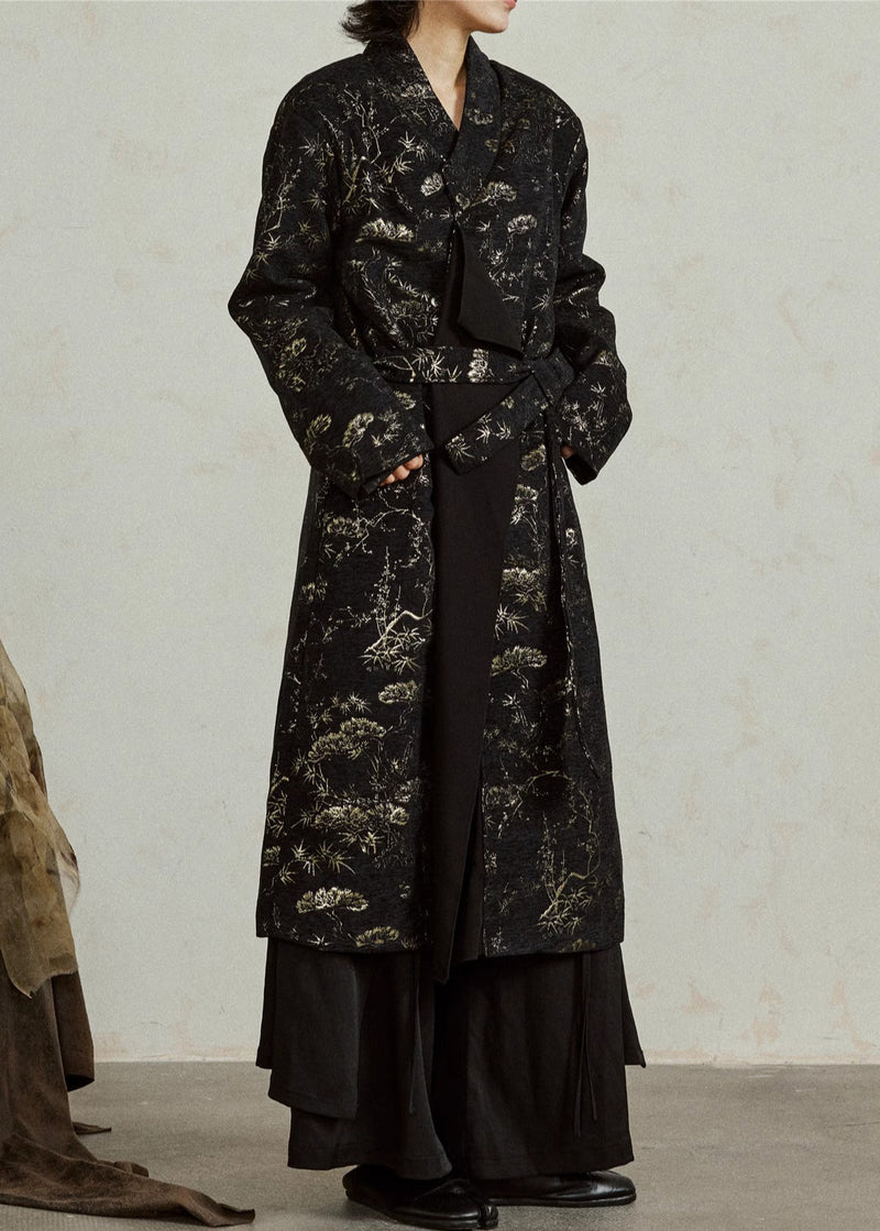 Black V Neck Tie Waist Jacquard Maxi Coats Fall