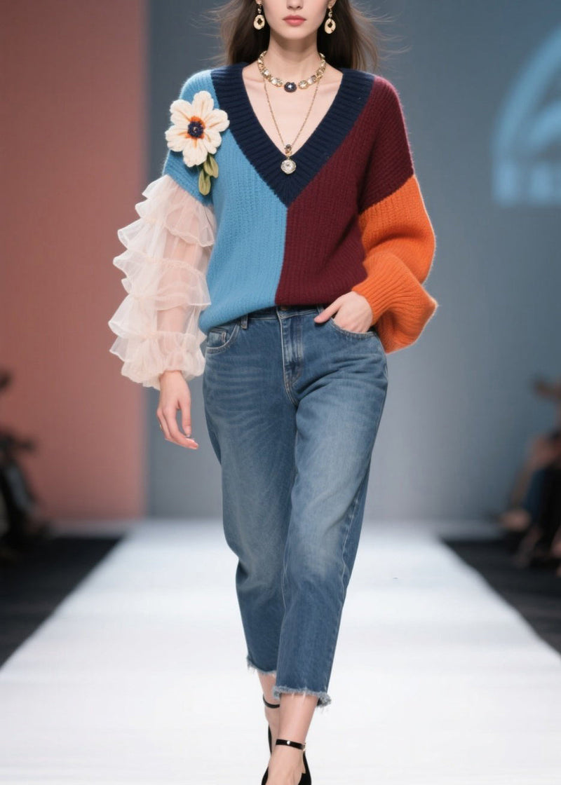New Colorblock V Neck Tulle Knit Sweater Fall