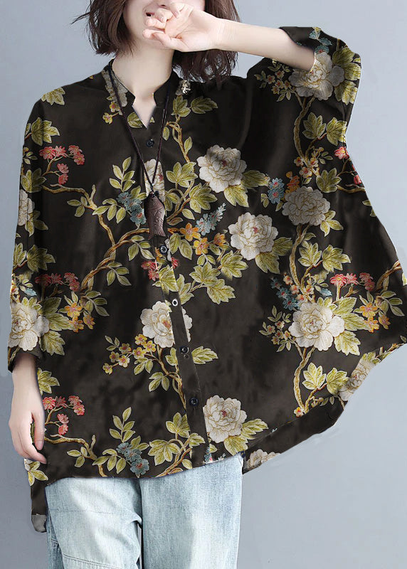 Navy Stand Collar Oversized Print Chiffon Top Batwing Sleeve