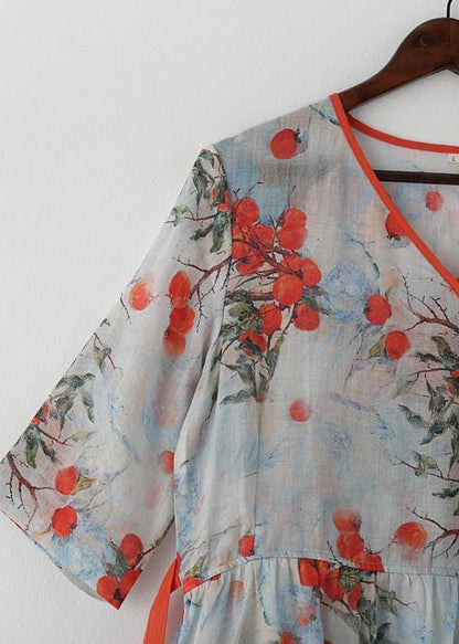 Cotton and Linen Jiangnan Five-point Sleeve High Waist Dress Ramie Printed Long Skirt