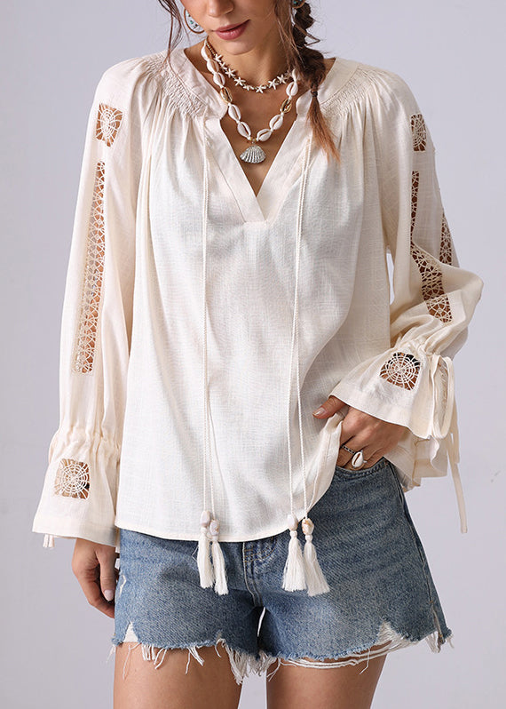 Apricot Hollow Out Lace Up Shirt Flare Sleeve