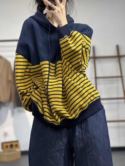 Contrast Stripe Fleece Drawstring Hooded Sweatshirt