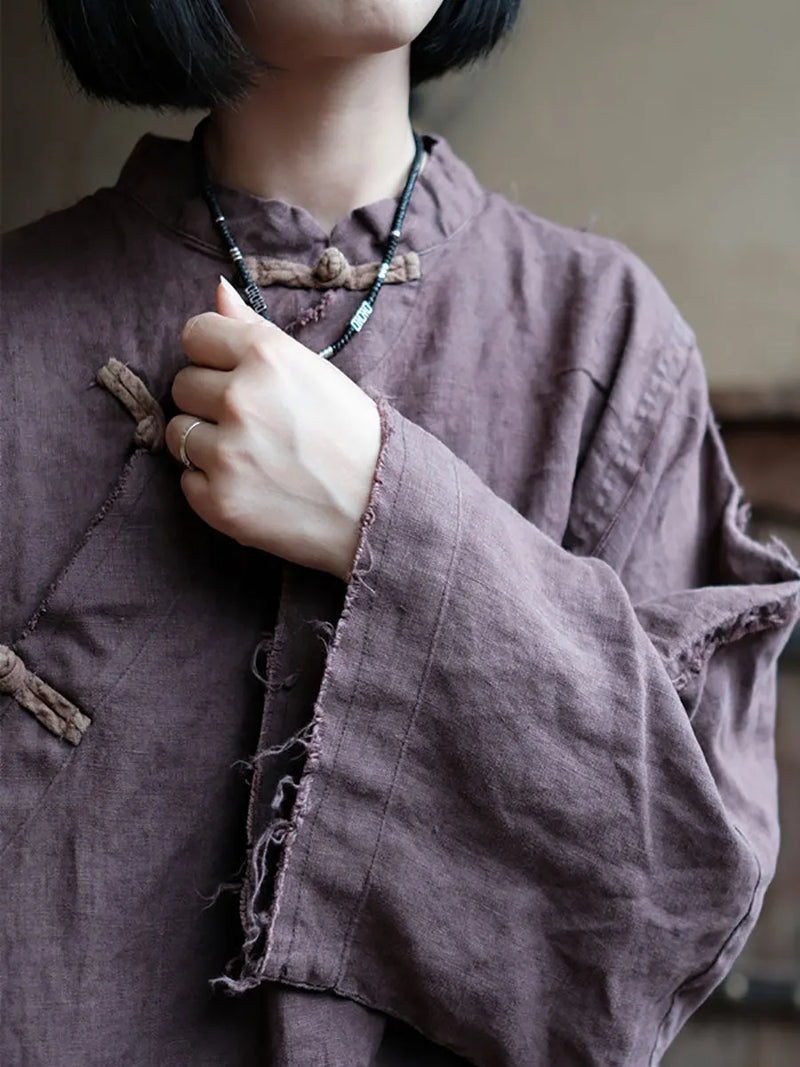 Chinese Style Burrs Button Linen Dress