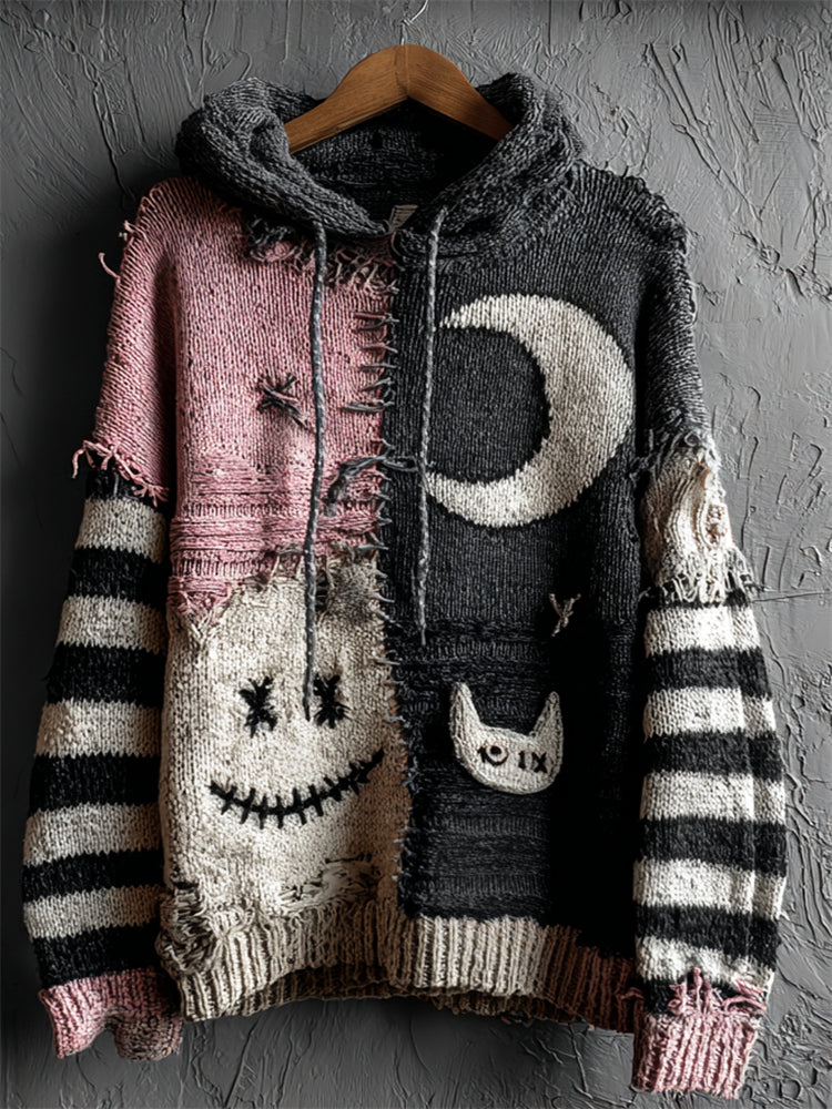 Comstylish Halloween Stitches Face & Cat Moon Contrast Patchwork Cozy Hooded Sweater
