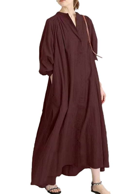 Apricot O Neck Button Cotton Shirts Dress Spring