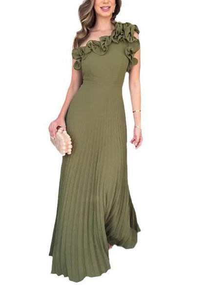 Army Green One Shoulder Pleated Dress Summer