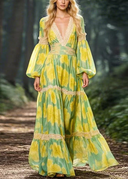 Yellow V Neck Print Patchwork Chiffon Maxi Dress Spring
