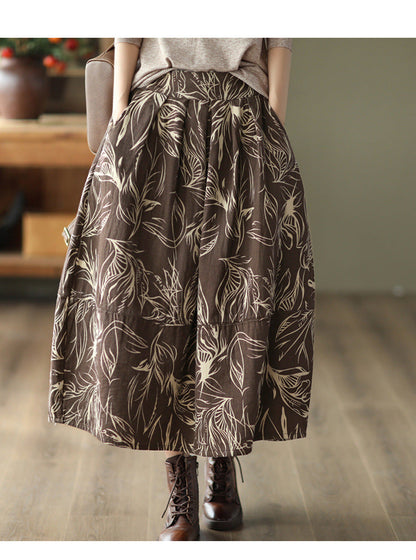 Printed Cotton and Linen Slim Elastic Waist A-line Skirt