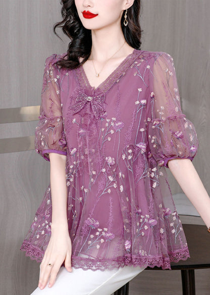 Purple V Neck Embroidered Bow Lace Top Summer
