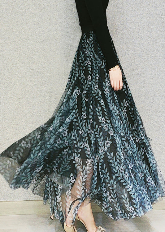 Dull Green Print Elastic Waist Tulle Maxi Skirts Spring