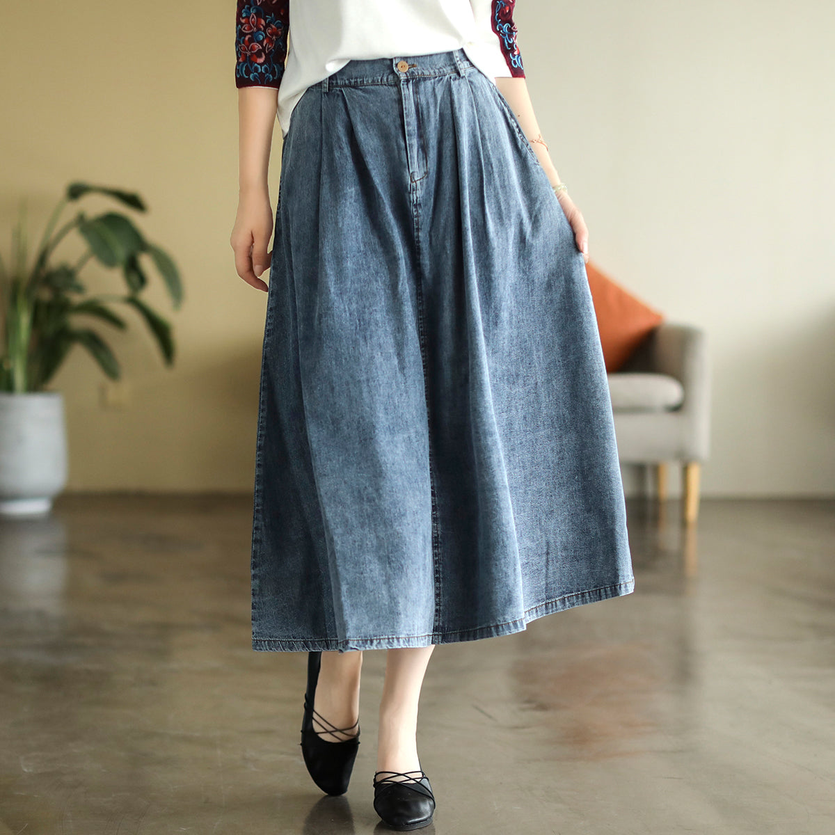 Cozy Cotton Denim Retro A-line High Waist Skirt