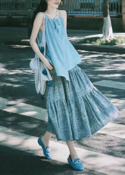 French Plaid Asymmetrical Tops and Grey Skirts Cotton Two Pieces Set Sleeveless