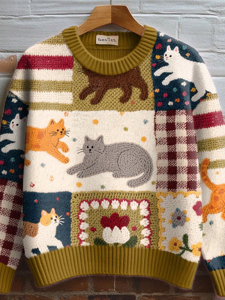 Women's Fall Floral Cat Crochet Pattern Cozy Knit Sweater elevenforest