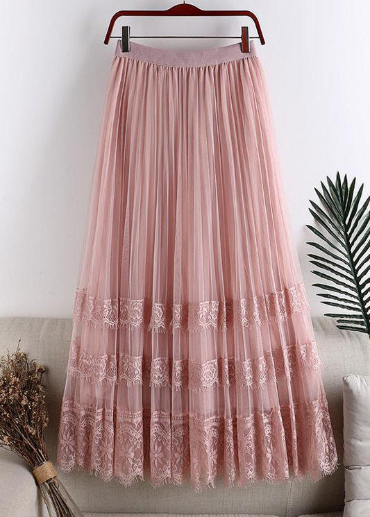 Pink Lace Patchwork Tulle Maxi Skirt Summer