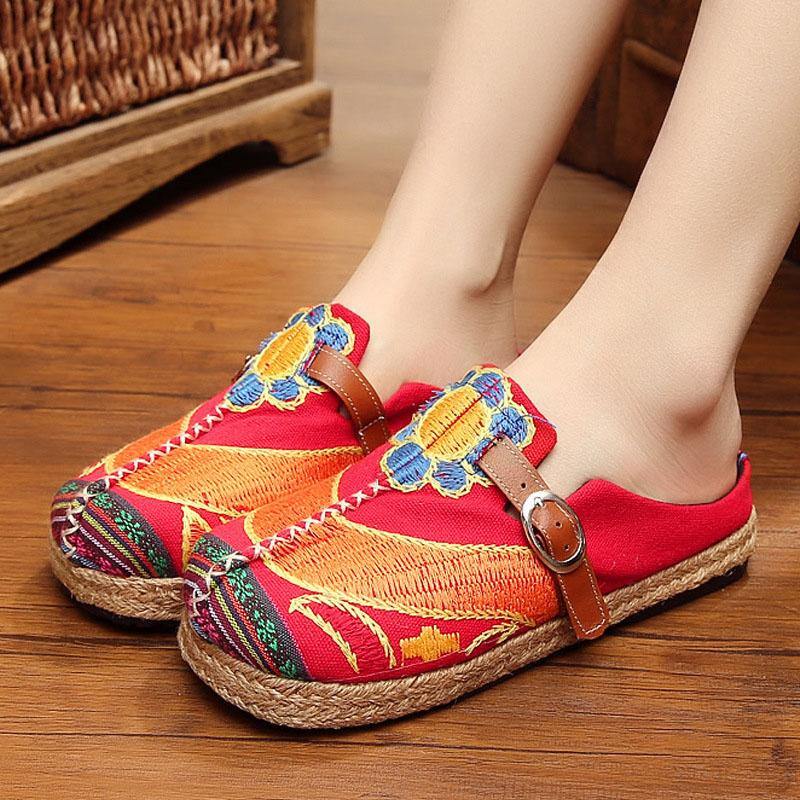 Red Cotton Linen Embroideried Fabric Buckle Strap Thong Sandals