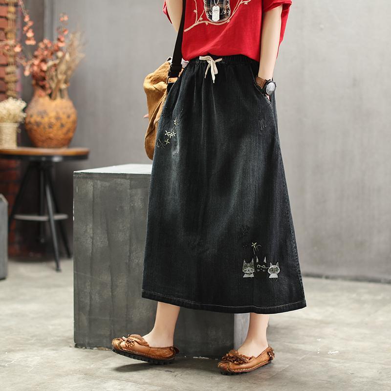 Embroidered Denim Retro Art Long Skirt