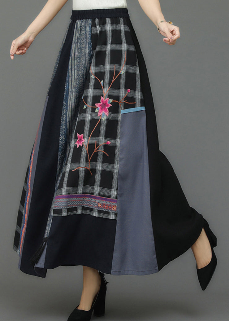 Retro Embroideried Pockets Plaid Patchwork Elastic Waist Skirts Fall