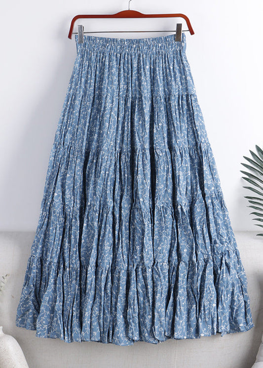 Boutique Blue Print Wrinkled Elastic Waist a Line Skirt Fall