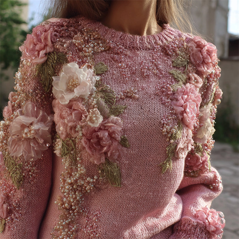 Vintage Flowers Fiber Art Beaded Cozy Knit Sweater artswardrobe