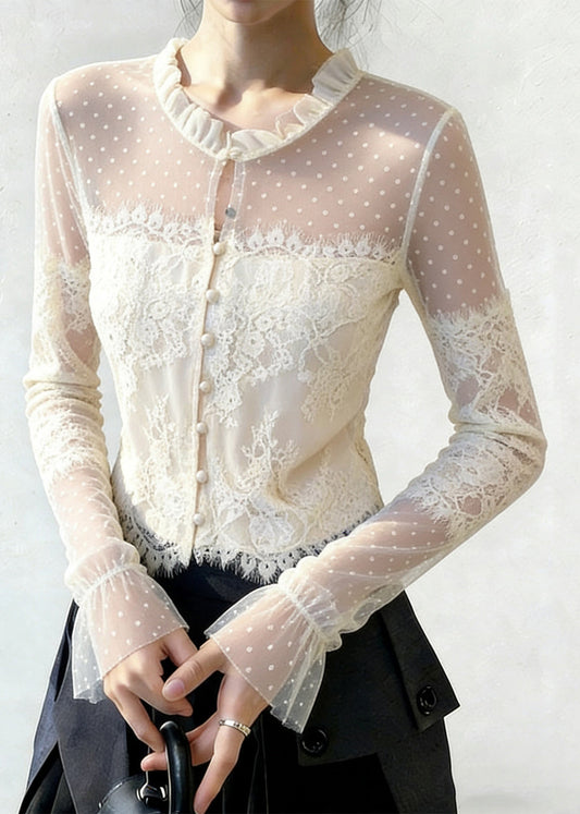 White Ruffled Button Patchwork Lace Blouse Flare Sleeve