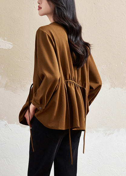 Coffee V Neck Button Lace Up Cotton Shirt Top Fall