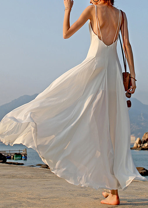 New White V Neck Chiffon Spaghetti Strap Dress Sleeveless