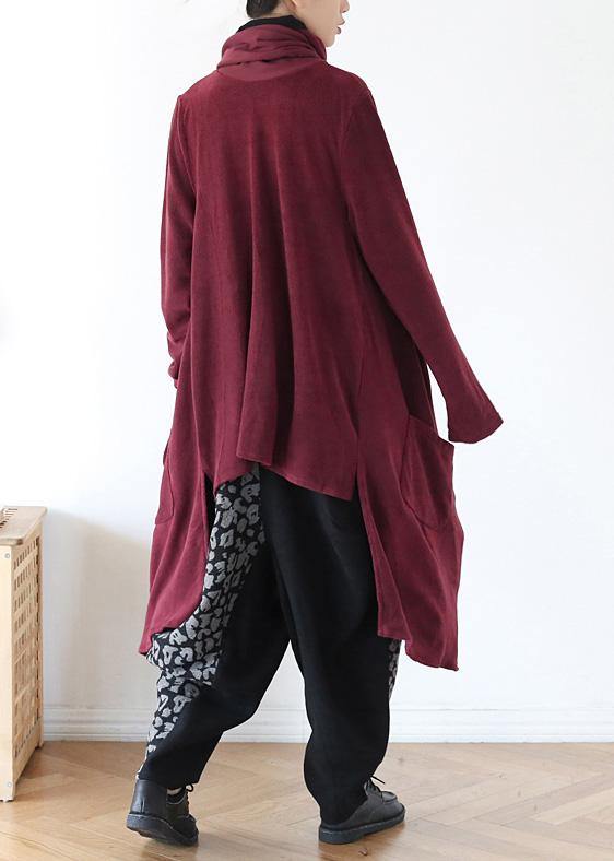 High Neck Red Knit Sweat Tops Clothing Asymmetric Hem Knit Blouse