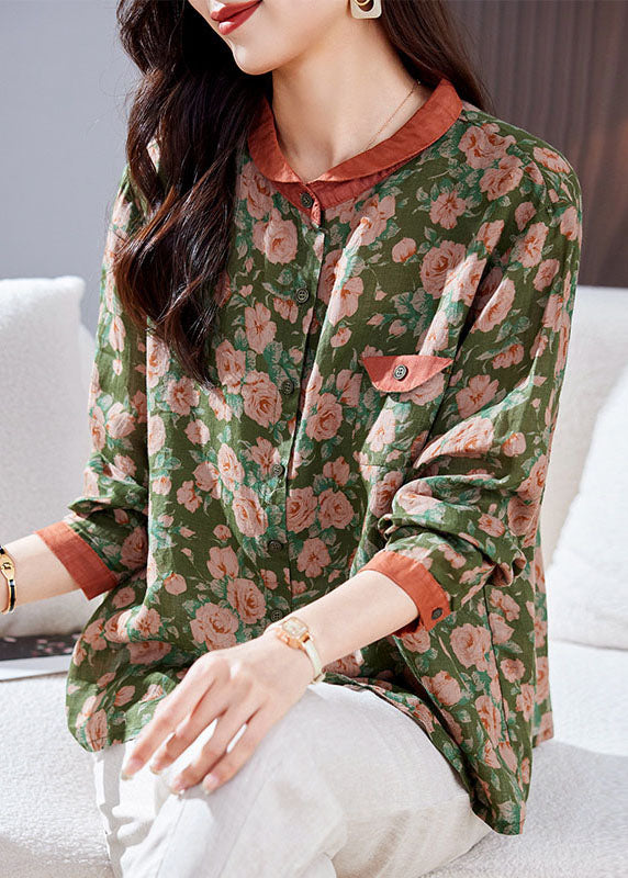 Green Peter Pan Collar Print Patchwork Linen Shirt Top Long Sleeve