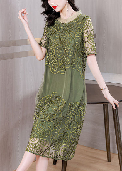 Green Embroidered Ruffled Tulle Long Dresses Short Sleeve