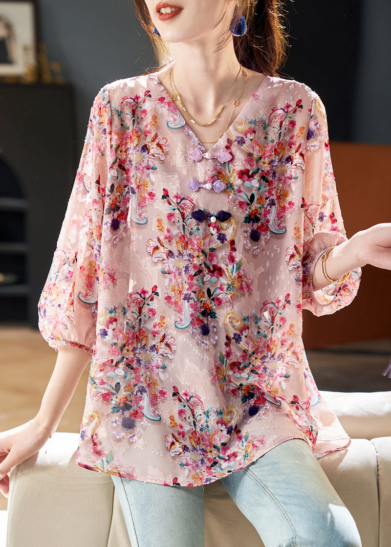 Pink V Neck Print Chiffon Blouse Tops Bracelet Sleeve