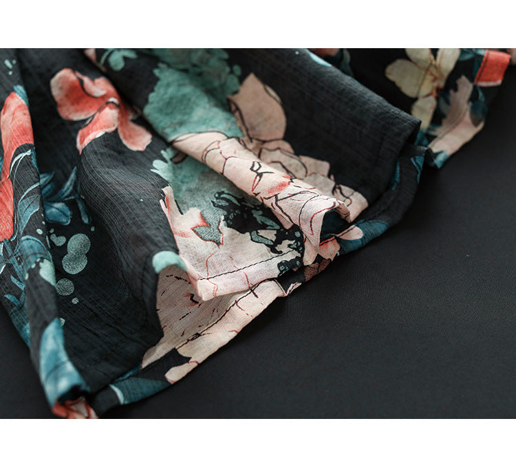 Literary Tencel Linen Print Slim A-line Skirt
