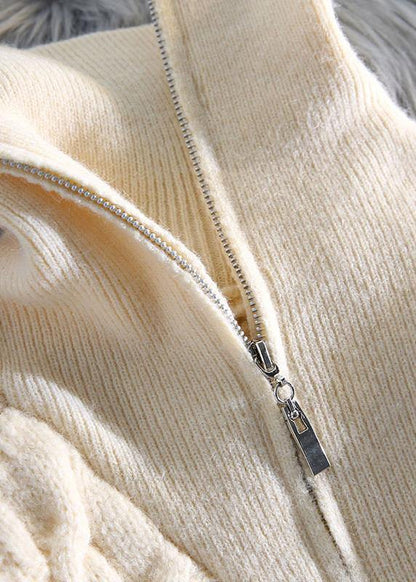 Oversized Beige Knitted Pullover High Neck Zippered Fall Knit Sweat Tops