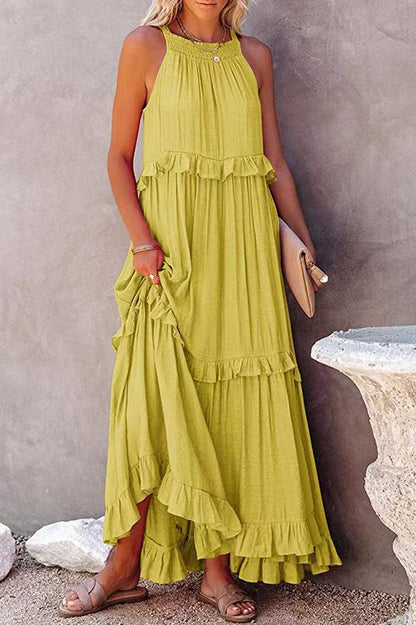 Blue Vittoria Shirred Ruffle Tiered Maxi Halter Dress